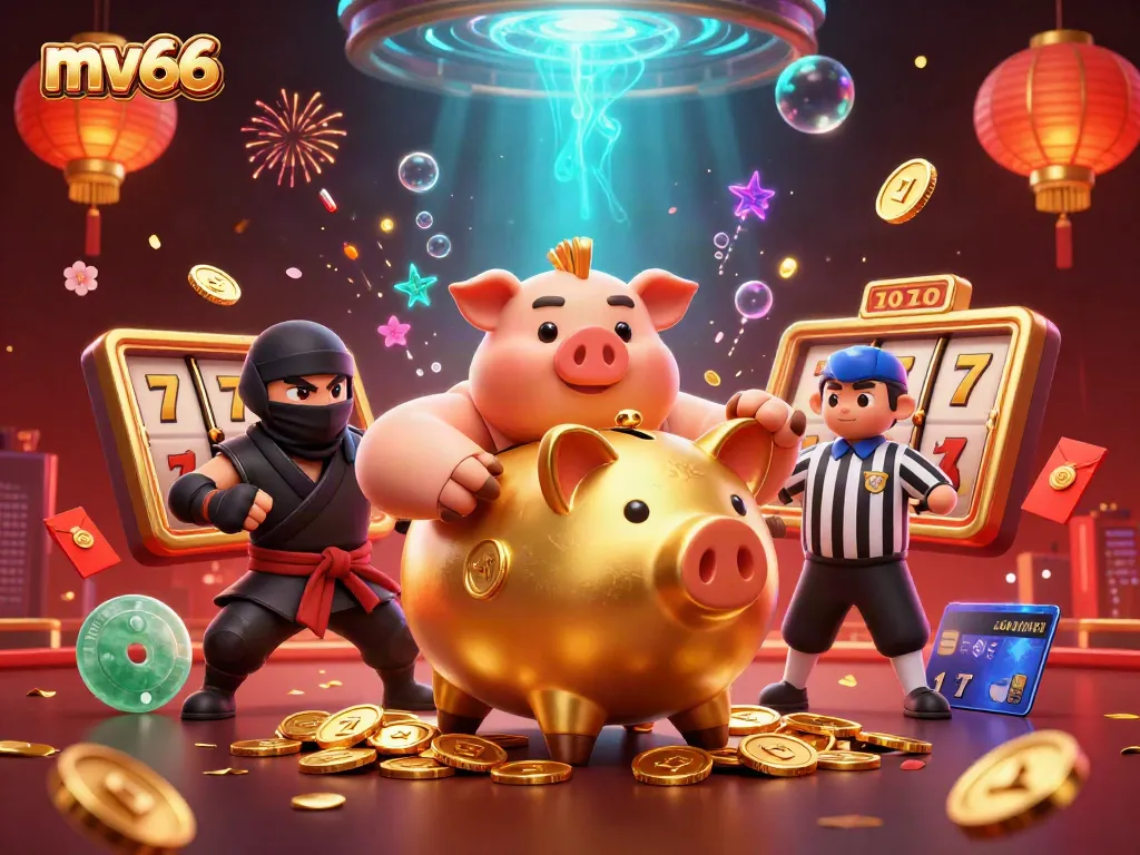 Mv66 gaming scene showcasing a golden piggy bank sumo wrestler and a wallet-ninja amid a lively casino atmosphere.