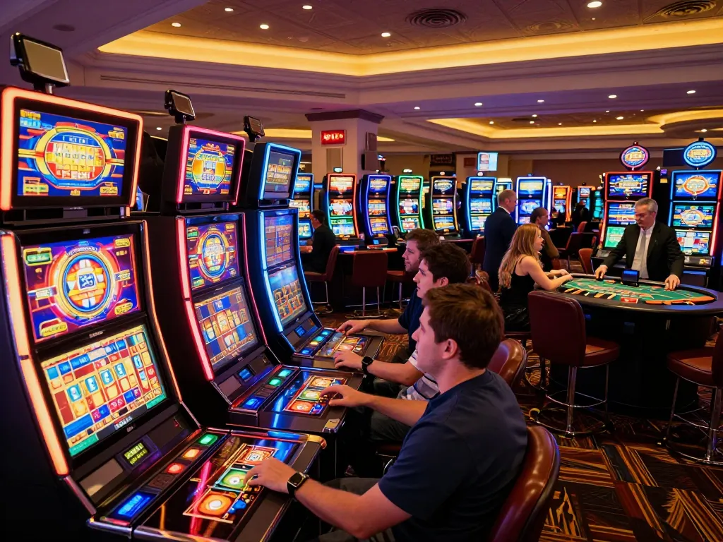 Situs slot gacor gameplay excitement with players engaged at vibrant slot machines in a lively casino.