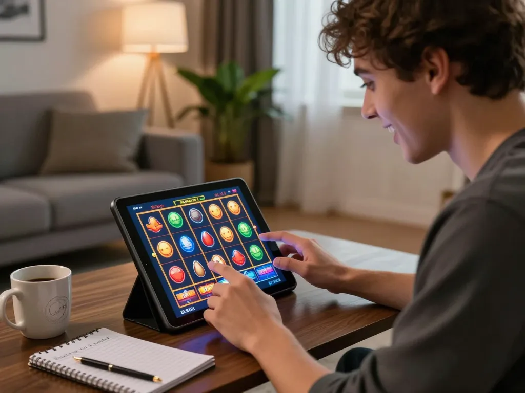 Engaged player spinning slots on tablet, celebrating wins at OKESLOT.