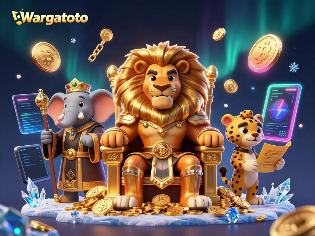 Gambarkan Wargatoto dengan raja singa kerajaan dan simbol cryptocurrency, visual menarik untuk kasino.