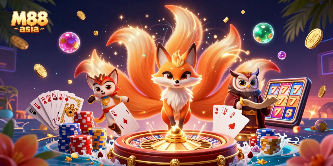 Experience thrilling gameplay with M88 asia in this vibrant casino illustration featuring lively characters and rich game elements.