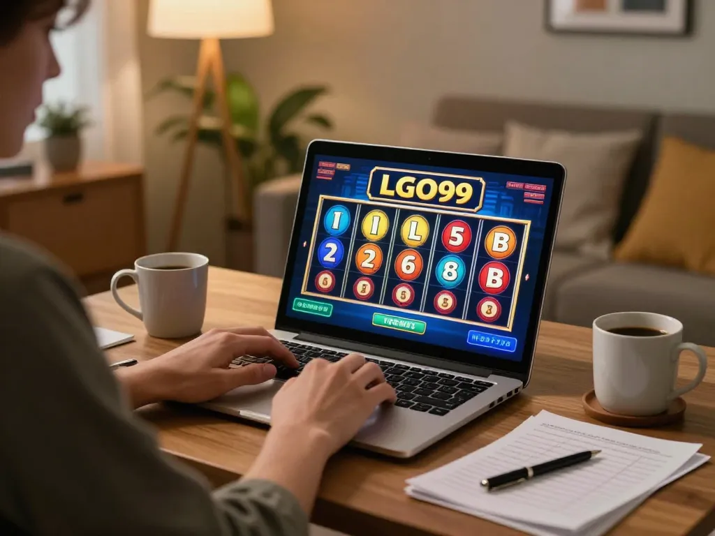 Pemain LGO99 menikmati permainan slot yang menarik di laptop dari lingkungan rumah yang nyaman