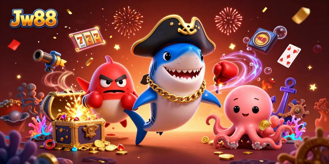 Join the adventure with Jw88, a vibrant underwater casino scene featuring a playful shark, pufferfish, and octopus.