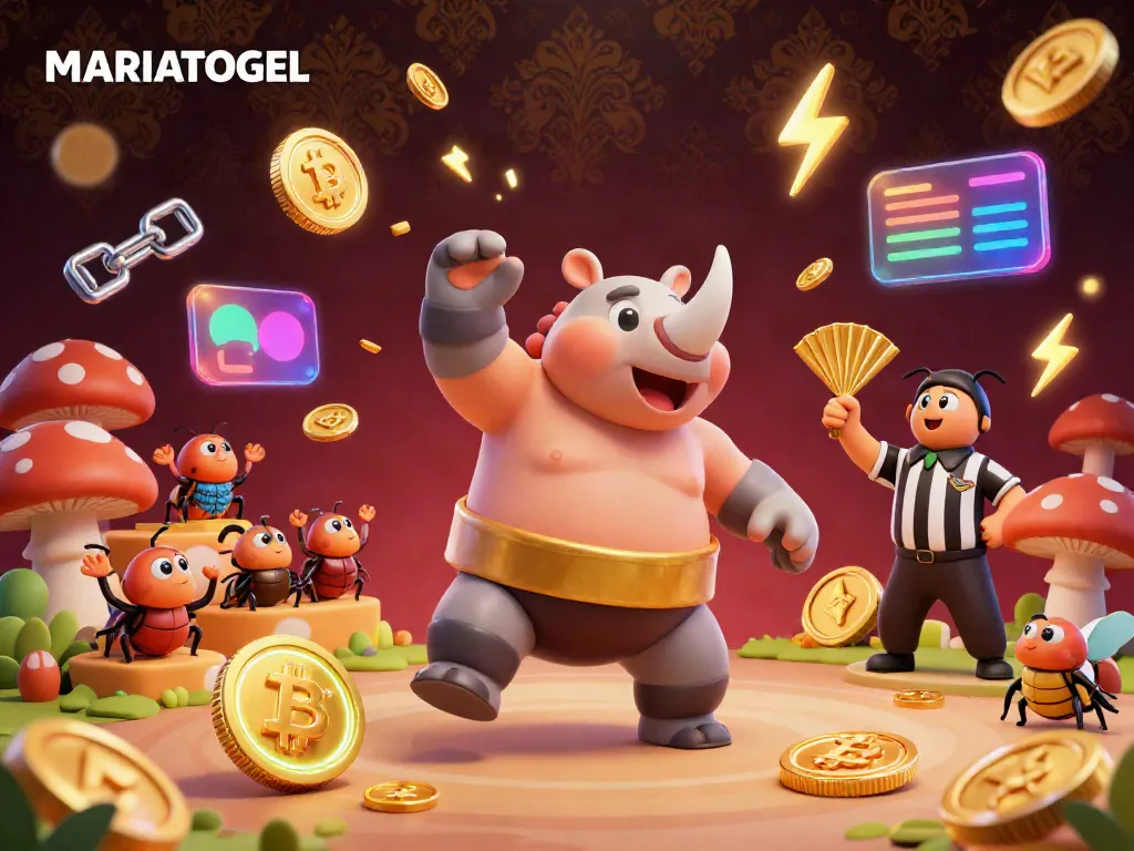 MARIATOGEL celebrates with a sumo champion beetle amidst flying coins and vibrant casino elements.