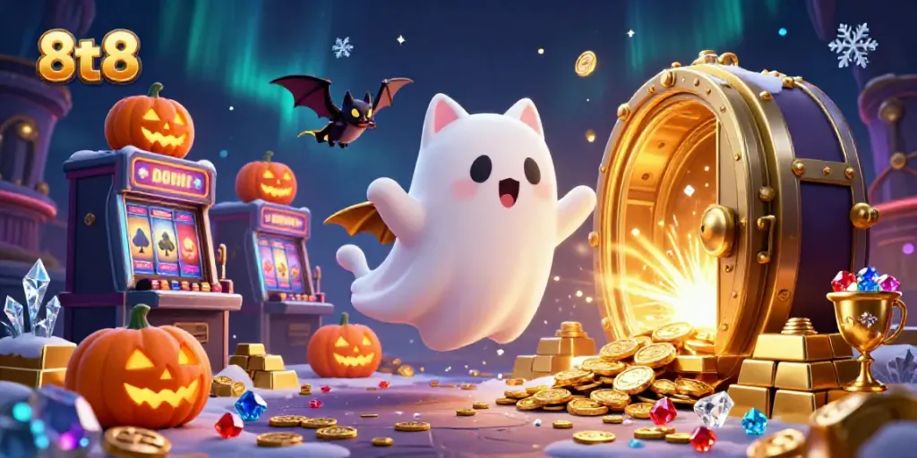 Experience thrilling wins at 8tt8's haunted casino with a ghost cat and vampire bat amidst dazzling treasures.