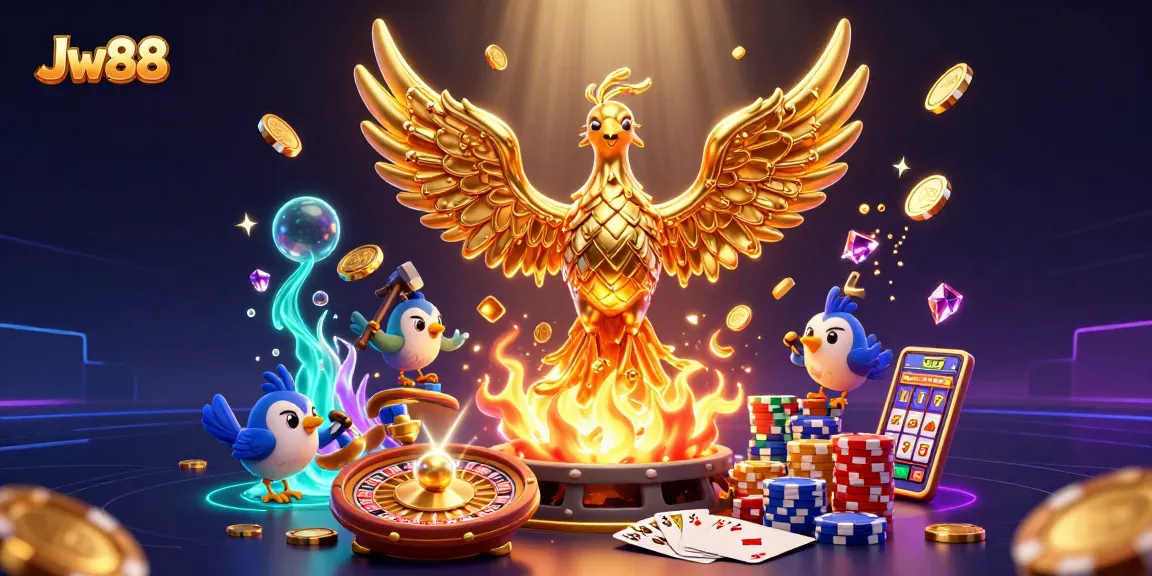 Experience thrilling wins with Jw88 in this lively 3D casino scene featuring golden coins and dynamic gameplay.
