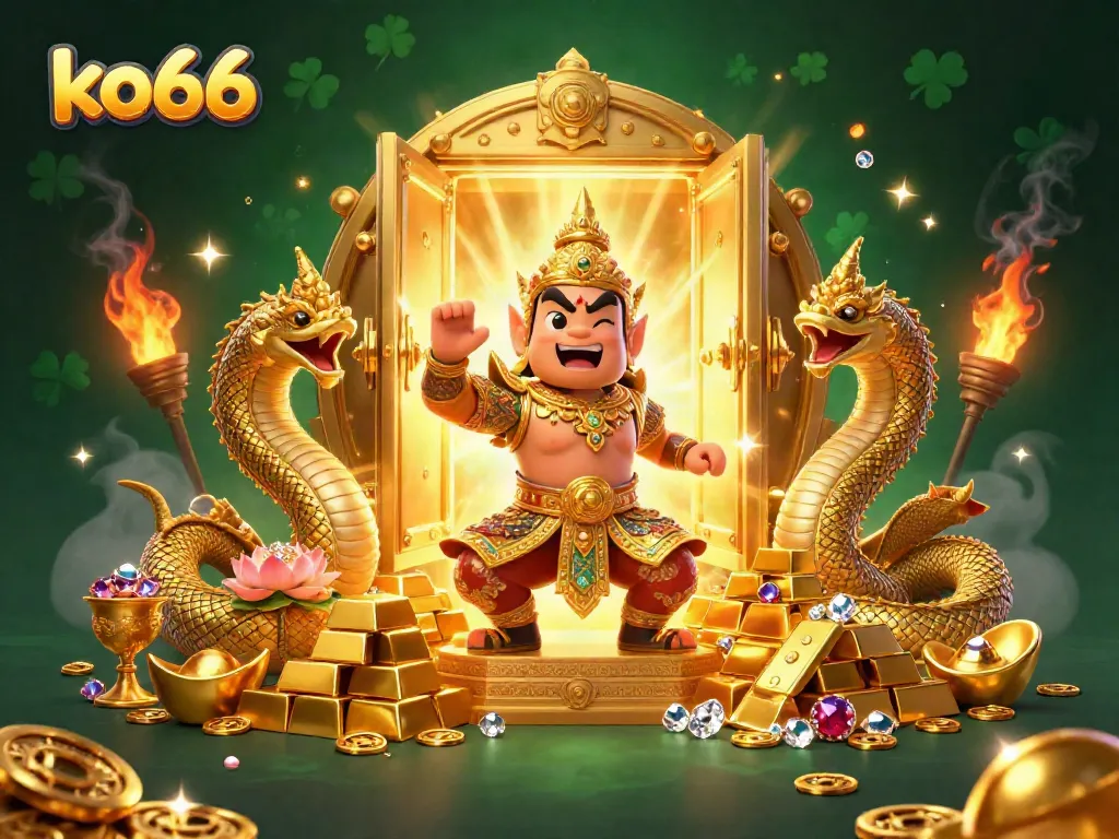 Experience the thrill of ko66 with a vibrant 3D casino-themed illustration showcasing treasures and guardians.