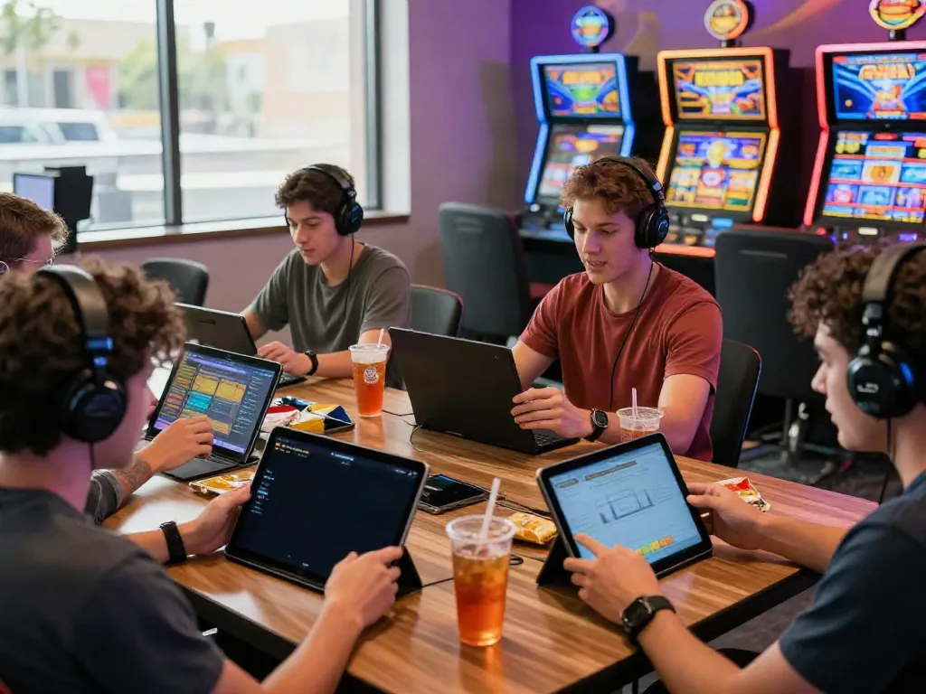 Players enjoying slot gacor games on tablets and smartphones in a vibrant gaming atmosphere.