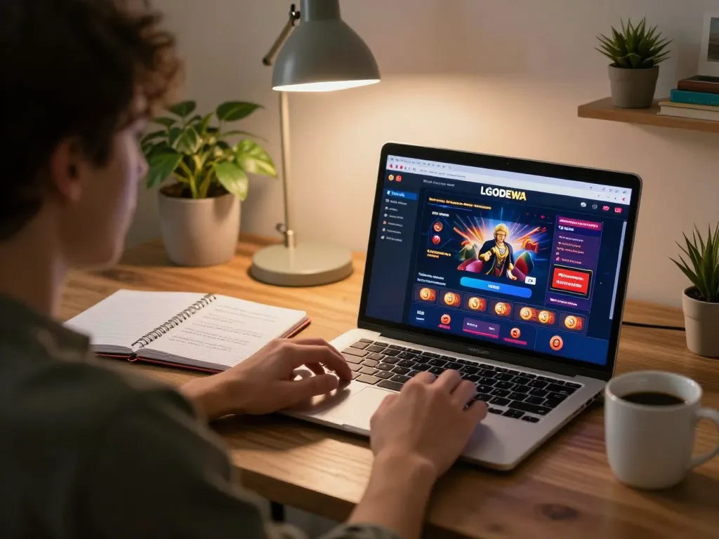 Player enjoying online gameplay on LGODEWA casino platform with strategic notes displayed