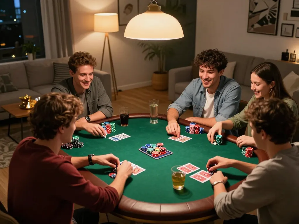 Friends strategizing and enjoying a poker night at home, embodying the festive spirit of UG DEWA.