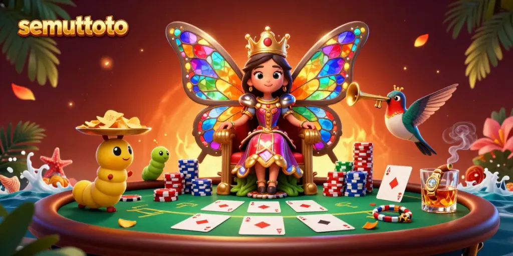 Ilustrasi 3D semuttoto dengan ratu kupu-kupu dan permainan poker yang berkilau.