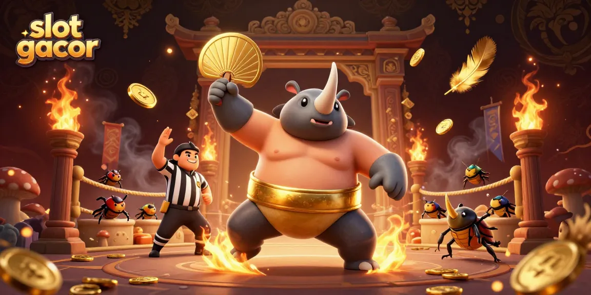 Slot gacor menunjukkan juara sumo kumbang rhinoceros mengalahkan lawan dan koin emas beterbangan.