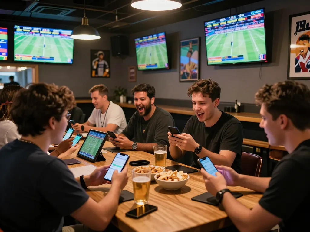 Engaged bettors using Fun88 app for live sports wagering in an energetic bar environment