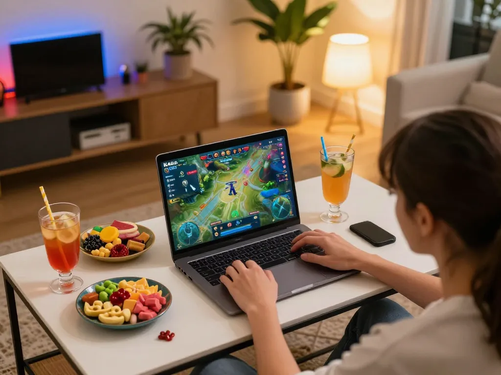 Engaging with KADAL 778 game on a laptop in a cozy home setting, showcasing online gambling excitement.