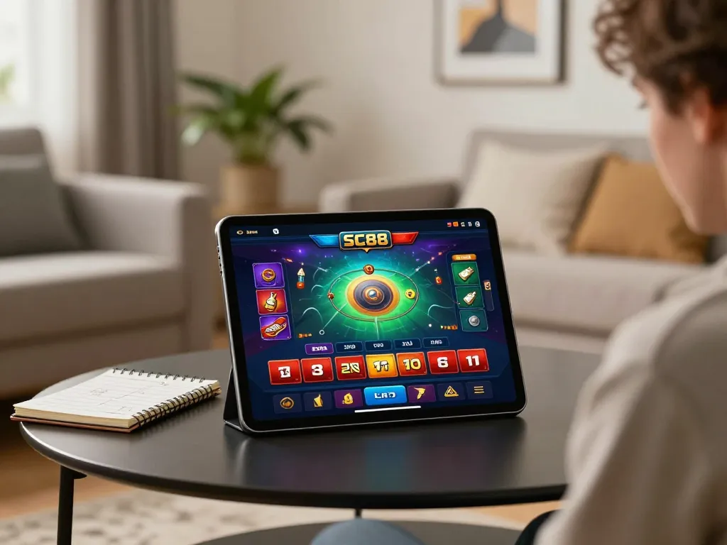 Player enjoying SC88 Game on a tablet in a cozy living room, blending leisure and digital gaming.