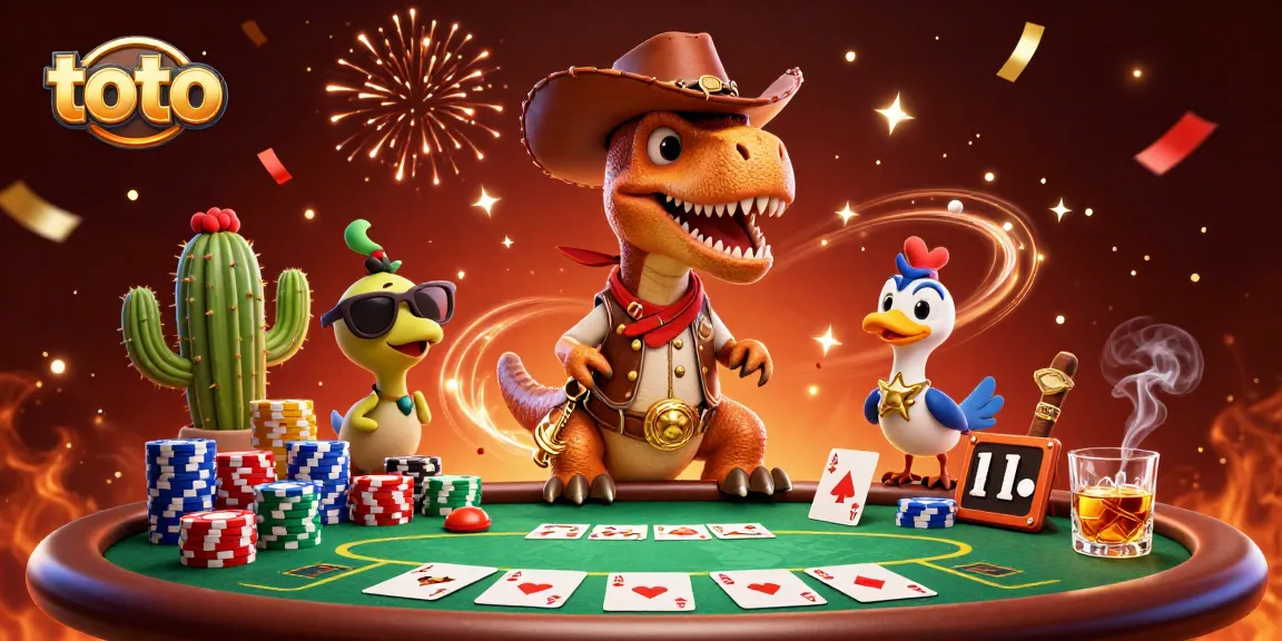 Memenangkan permainan toto di kasino dengan T-Rex dan teman-teman kartun dalam suasana penuh warna dan meriah.