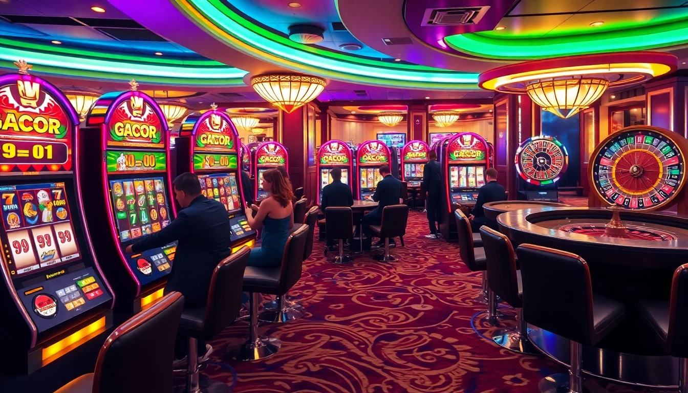 Slot Gacor players enjoying vibrant slot machines in a luxurious casino setting.