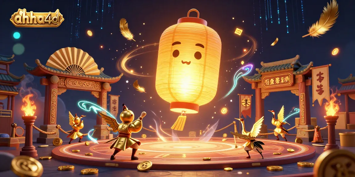 Engage with ahha4d's dynamic gaming scene featuring a glowing lantern spirit and lucky symbols.