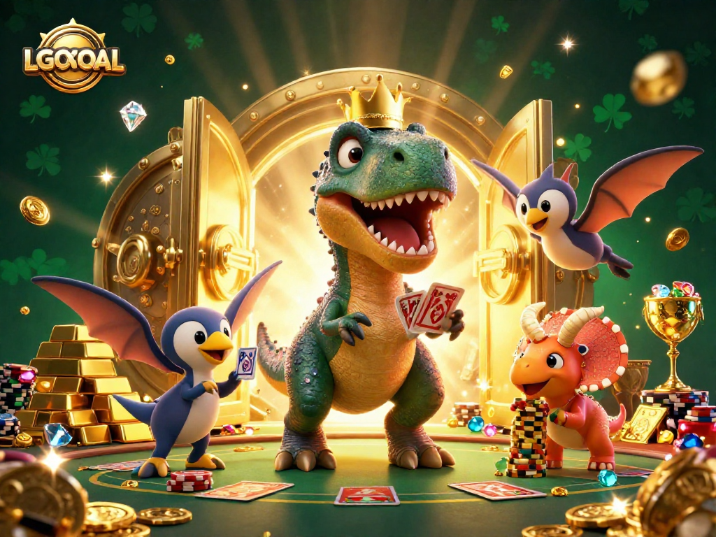 Engaging LGOGOAL casino scene featuring a friendly T-Rex shuffling cards with a pterodactyl assistant and a baby triceratops stacking chips.