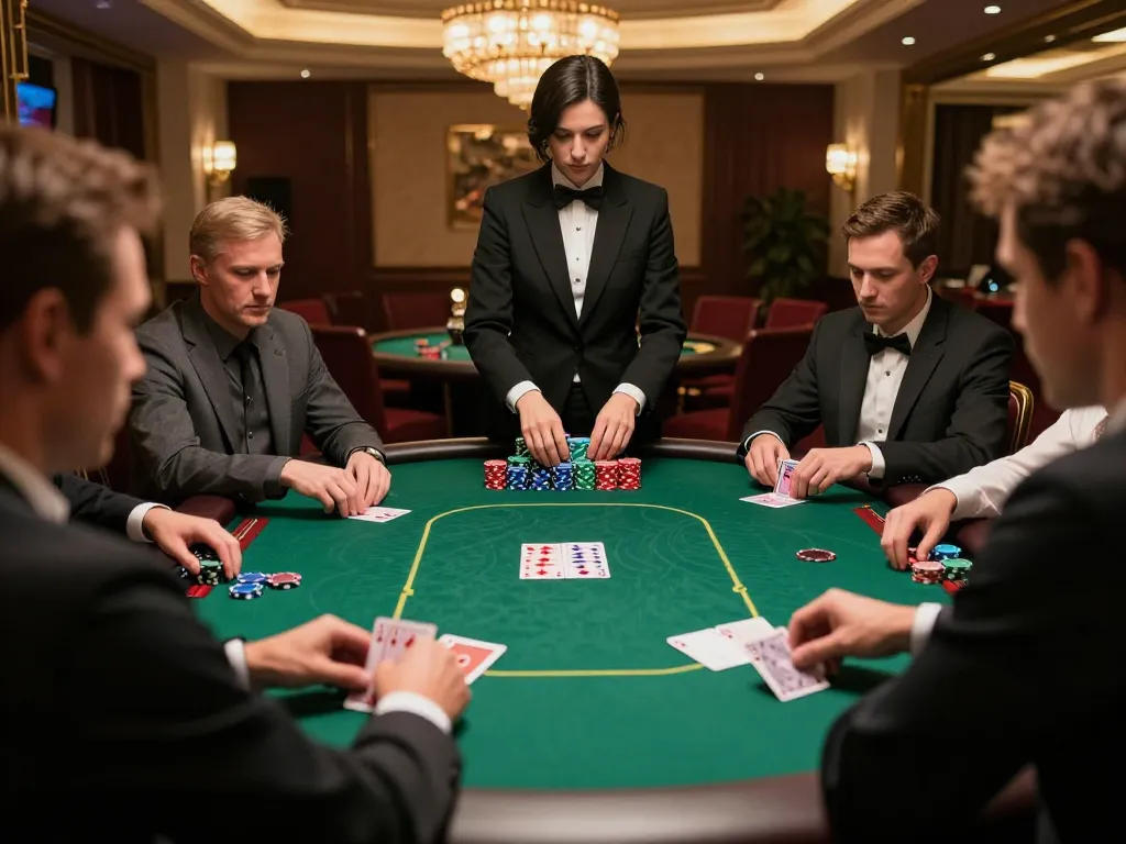 Players at 78win poker table strategizing their next moves in a luxurious casino setting.