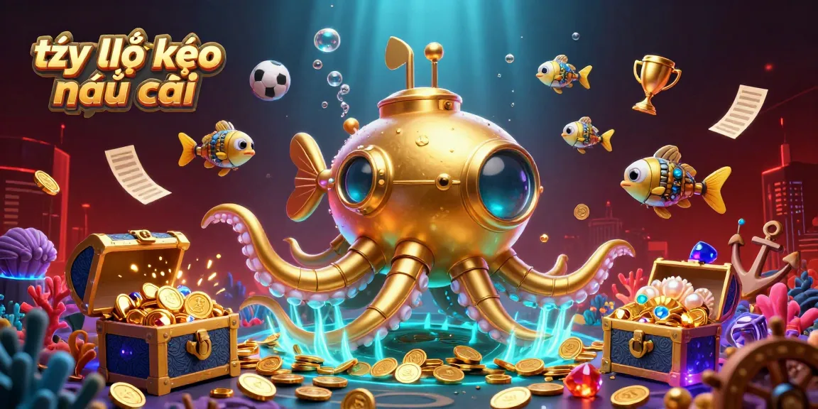Tỷ lệ kèo nhà cái illustrated with a golden kraken submarine and mechanical fish in a rich treasure scene.