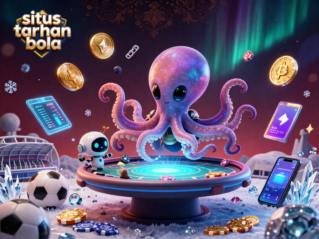 Engage in situs taruhan bola sports betting with a vivid 3D illustration featuring a cartoon alien octopus at a poker table.