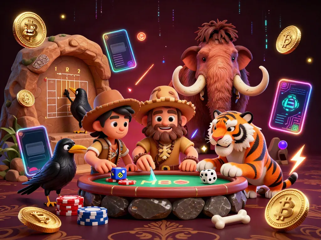 Experience the thrilling fc88 casino adventure with a caveman, sabertooth tiger, and crow in a vibrant scene.