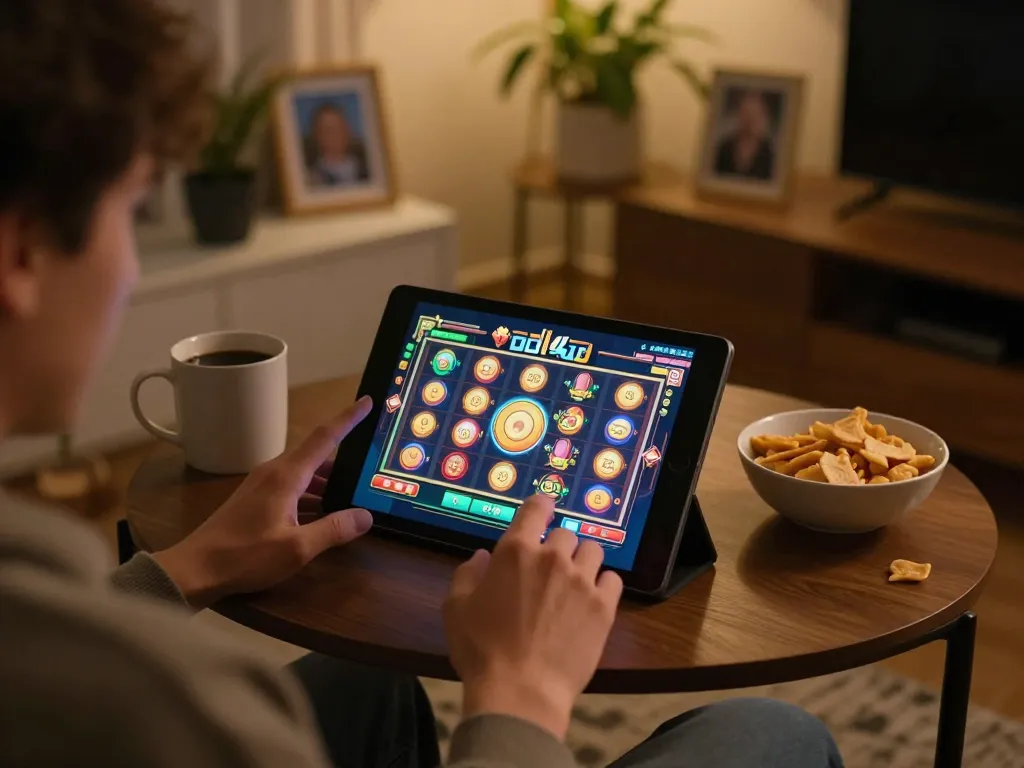 Engaging player enjoying ondel4d slot games on tablet in cozy home setting.