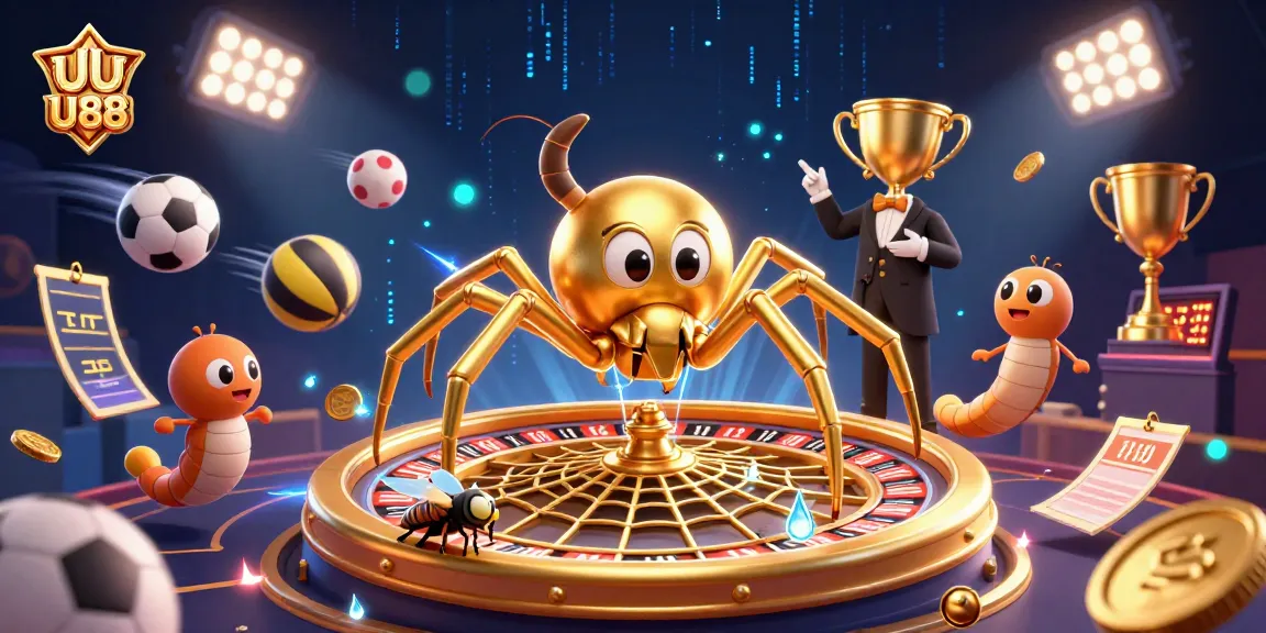 UU88 reveals an exciting bet with a golden spider and thrilling sports elements in a dynamic casino scene.