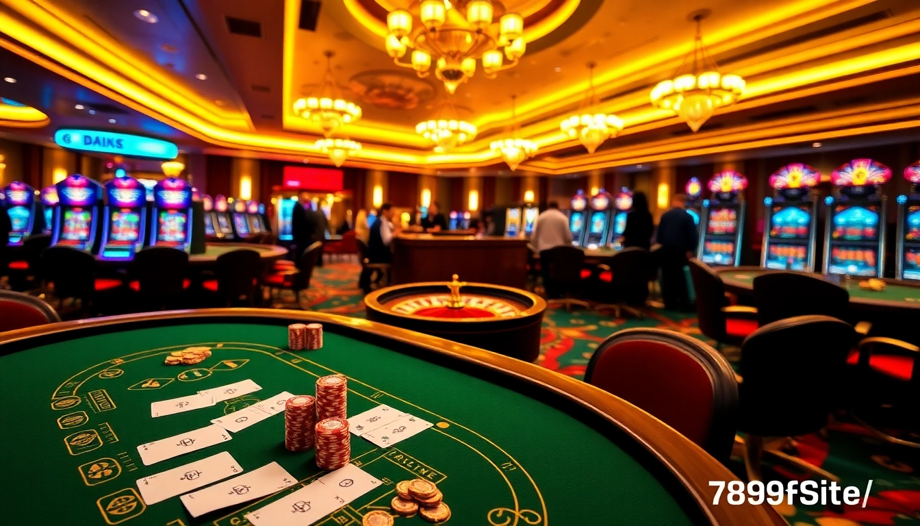 Engaged players at a vibrant casino scene at 789f.site/, showcasing multi-colored slot machines and poker excitement.