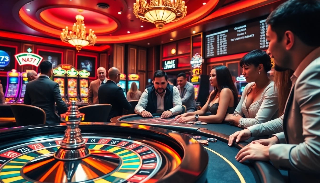 Players enjoy a thrilling game at NA777's casino, featuring roulette and slot machines amidst a luxurious atmosphere.