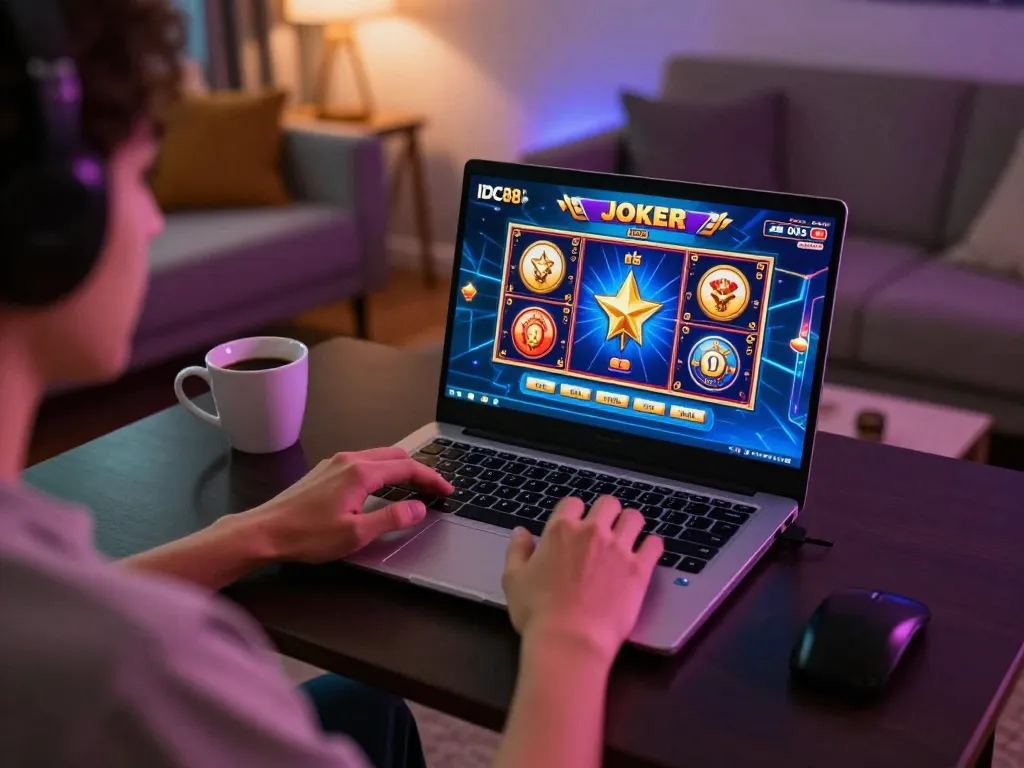 Experience the excitement of playing IDC88 JOKER on a laptop in a cozy home setting.