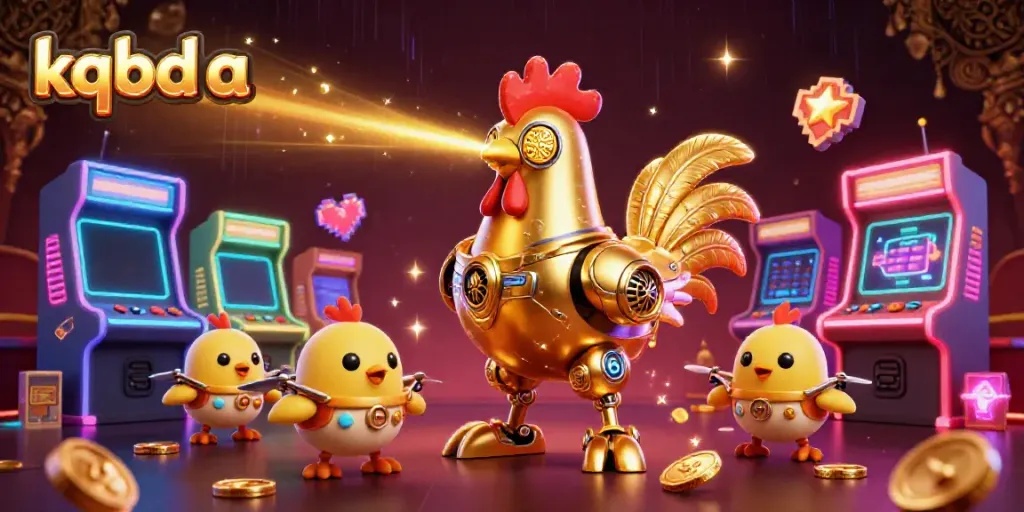Engaging visual of kqbd a showcasing a dynamic scene with a golden rooster robot and baby chick drones in a vibrant casino.