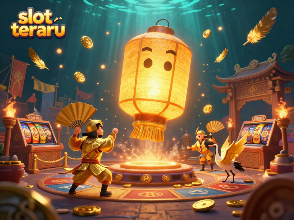 Experience slot terbaru's vibrant atmosphere with golden lanterns and casino elements.