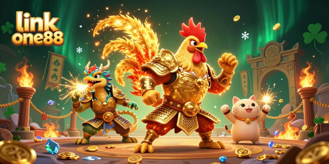 Experience thrilling action with link one88's dynamic 3D casino illustration featuring warrior characters and vibrant game elements.