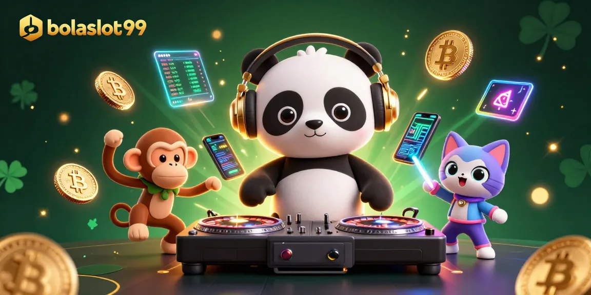 Join the energetic scene at bolaslot99 with a DJ panda, dancing monkey, and rave kitten!