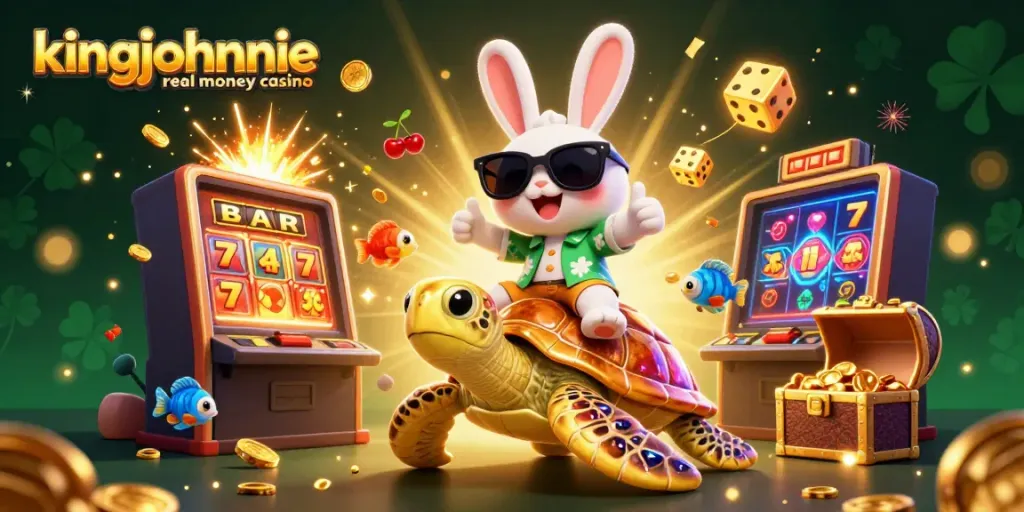 Experience the excitement of kingjohnnie real money casino with a lucky rabbit and sea turtle amidst a jackpot explosion.