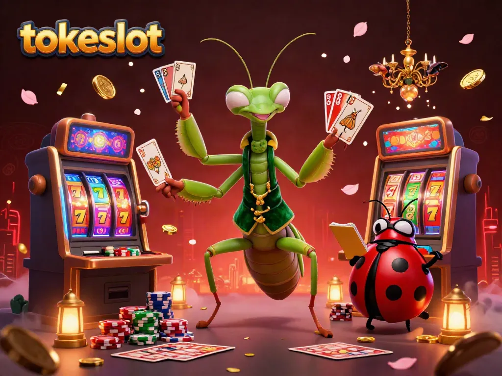 Gamblers experiencing the vibrant excitement of tokeslot with animated characters and slot machines.
