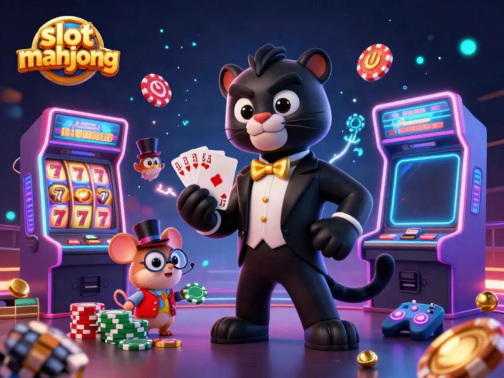 Permainan slot mahjong yang penuh warna dikelilingi karakter kartun 3D di kasino.