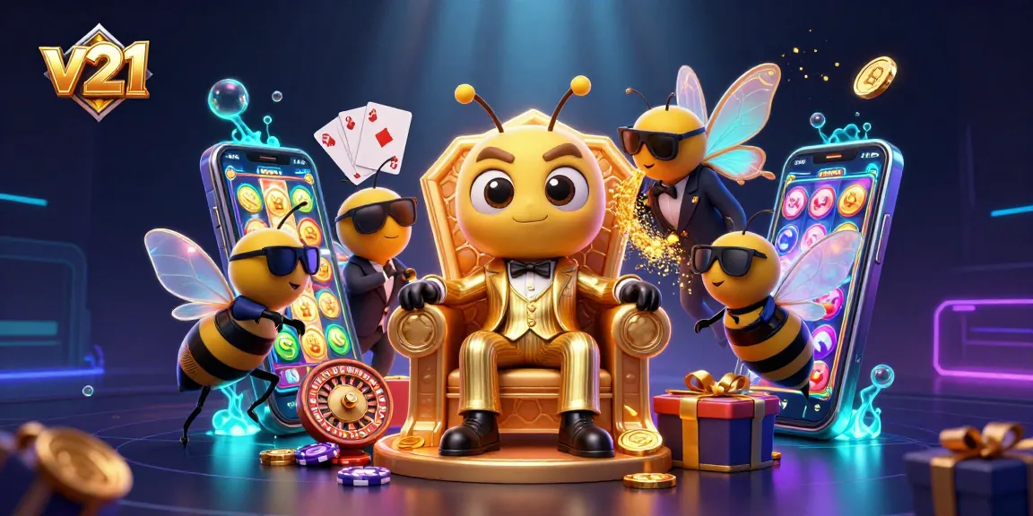 v21 menampilkan ilustrasi kasino dengan bos mob bumblebee dan elemen permainan slot.