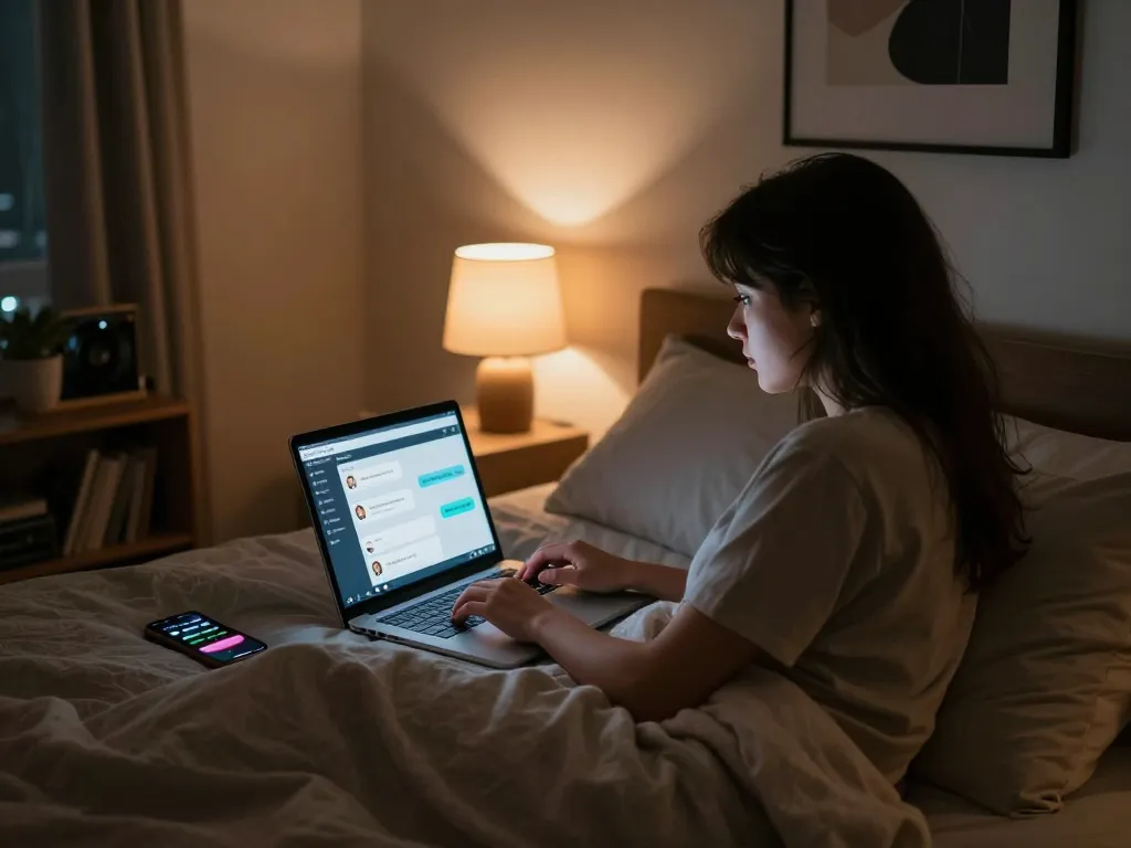 AI sexting session in a cozy bedroom with engaging digital chat.