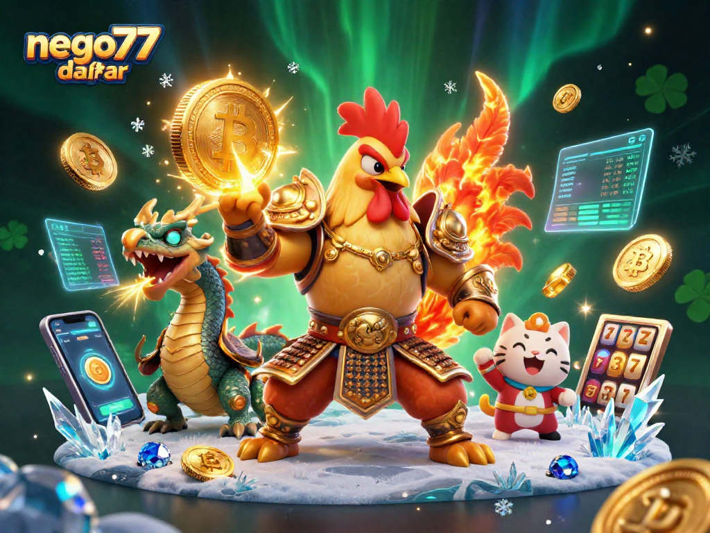 Engage with nego77 daftar featuring vibrant 3D illustration of casino warriors ready for action.