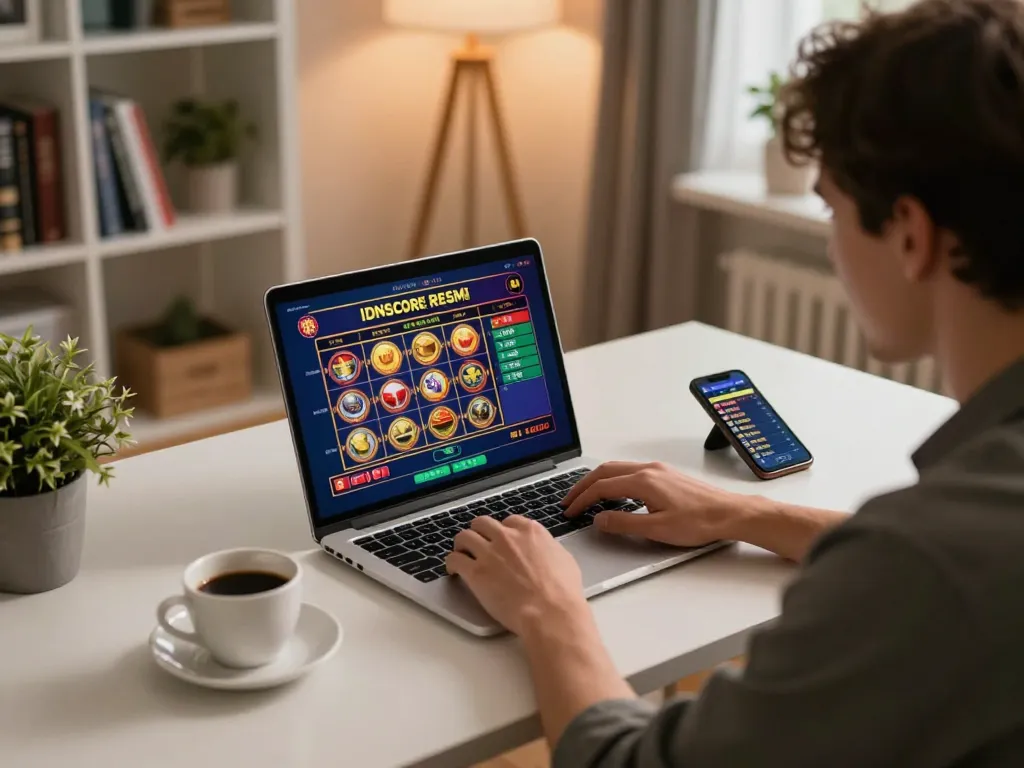 Player engaging with IDNSCORE RESMI in a modern home gaming setup, showcasing an exciting online slots experience.