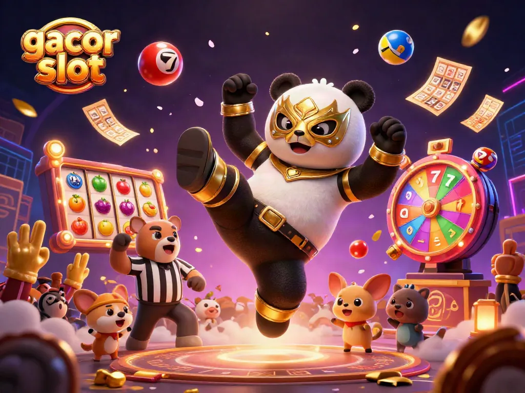 Experience exciting gacor slot action with thrilling cartoon characters in a dynamic casino scene featuring animated slot reels and golden tickets.