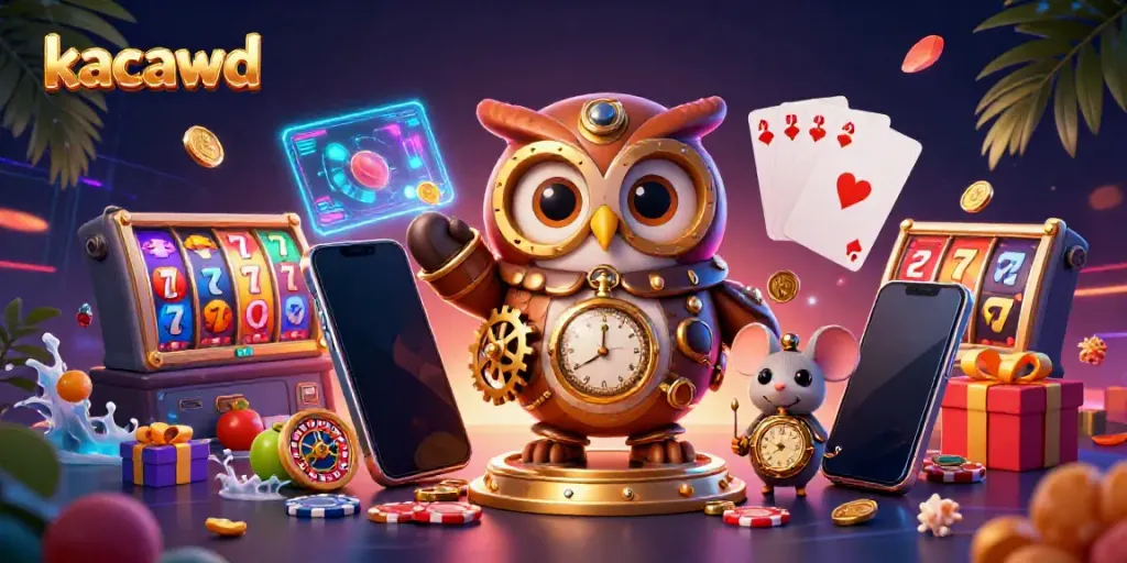 Gambarkan aksi menarik dari permainan slot kacawd dengan karakter burung hantu steampunk dan mouse mengelilingi slot dan koin emas.