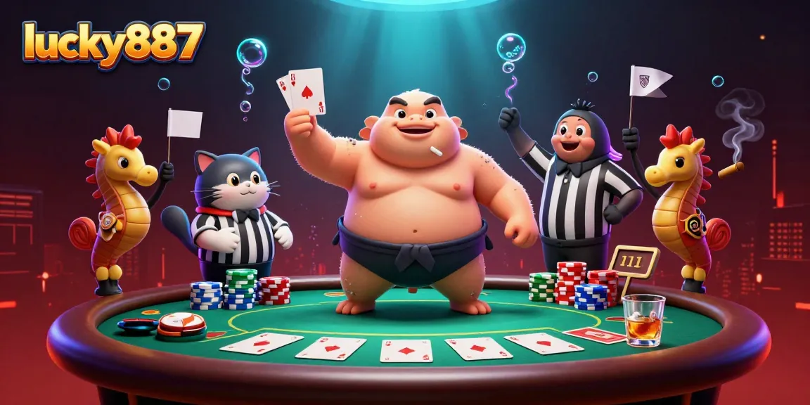 Engage in exciting poker action with lucky887 illustrated by dynamic characters in a vibrant underwater scene.