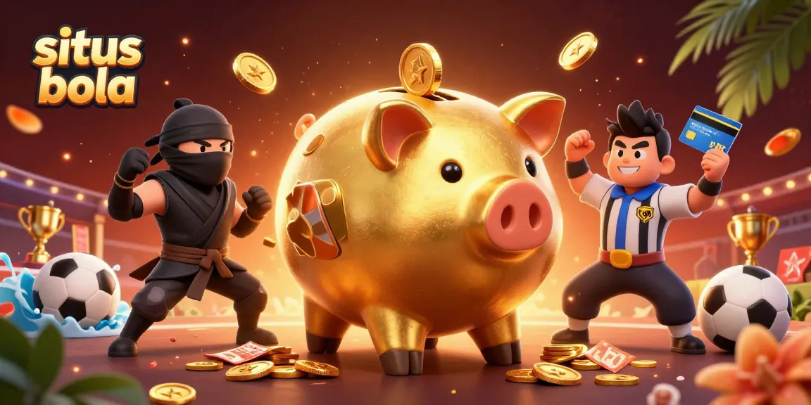 Taruhan di situs bola dengan piggy bank emas dan elemen olahraga yang mengasyikkan
