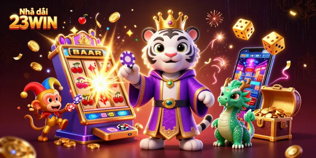 Engage with Nhà cái 23WIN, showcasing a lively 3D illustration of a royal tiger, jester monkey, and jade dragon in a vibrant casino environment.