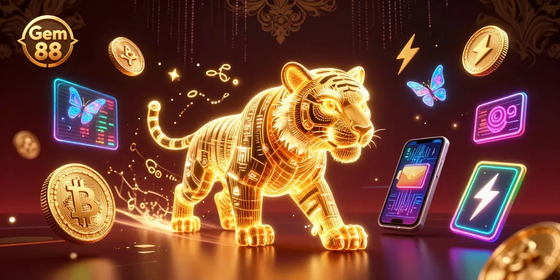 Experience Gem 88's vibrant casino energy with a neon-wireframe tiger amid cryptocurrencies and digital assets.