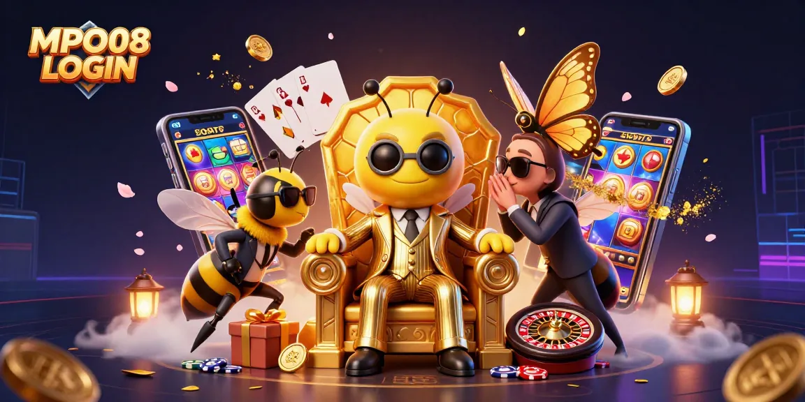 MPO08 LOGIN features an interactive online gaming scene with animated characters and vibrant casino elements